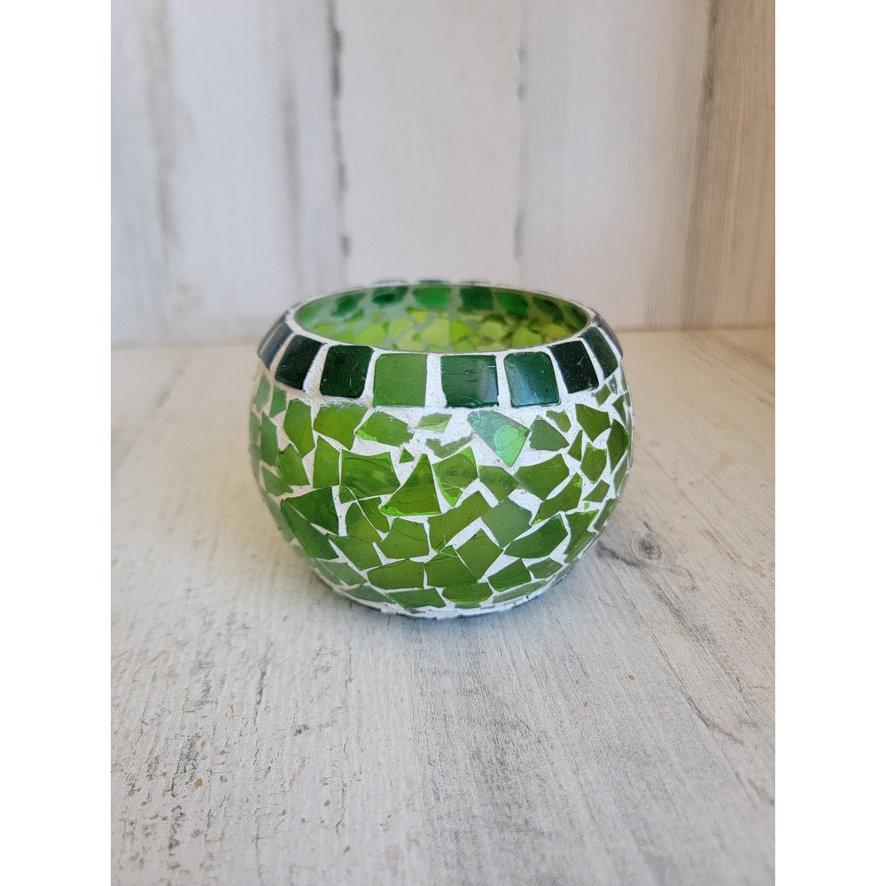 Mini mosaic green crackle glass tea light candle holder art home decor